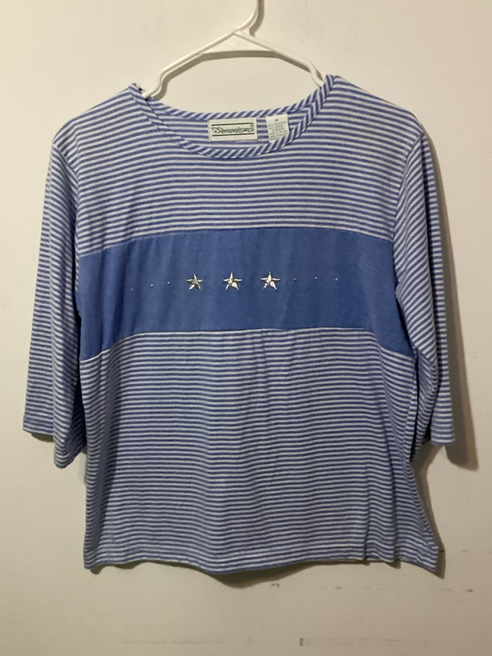 Vintage Shenanigans Striped Star Embellished Top Blue White Size M 3/4 Sleeve